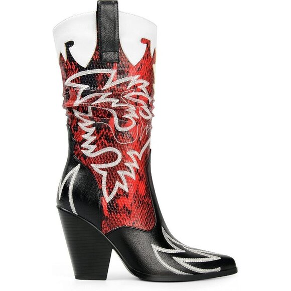 Ann Creek Low Heels Women Black Faux Leather Contrast Mid Calf Pointed toe Boots - Picture 2 of 7